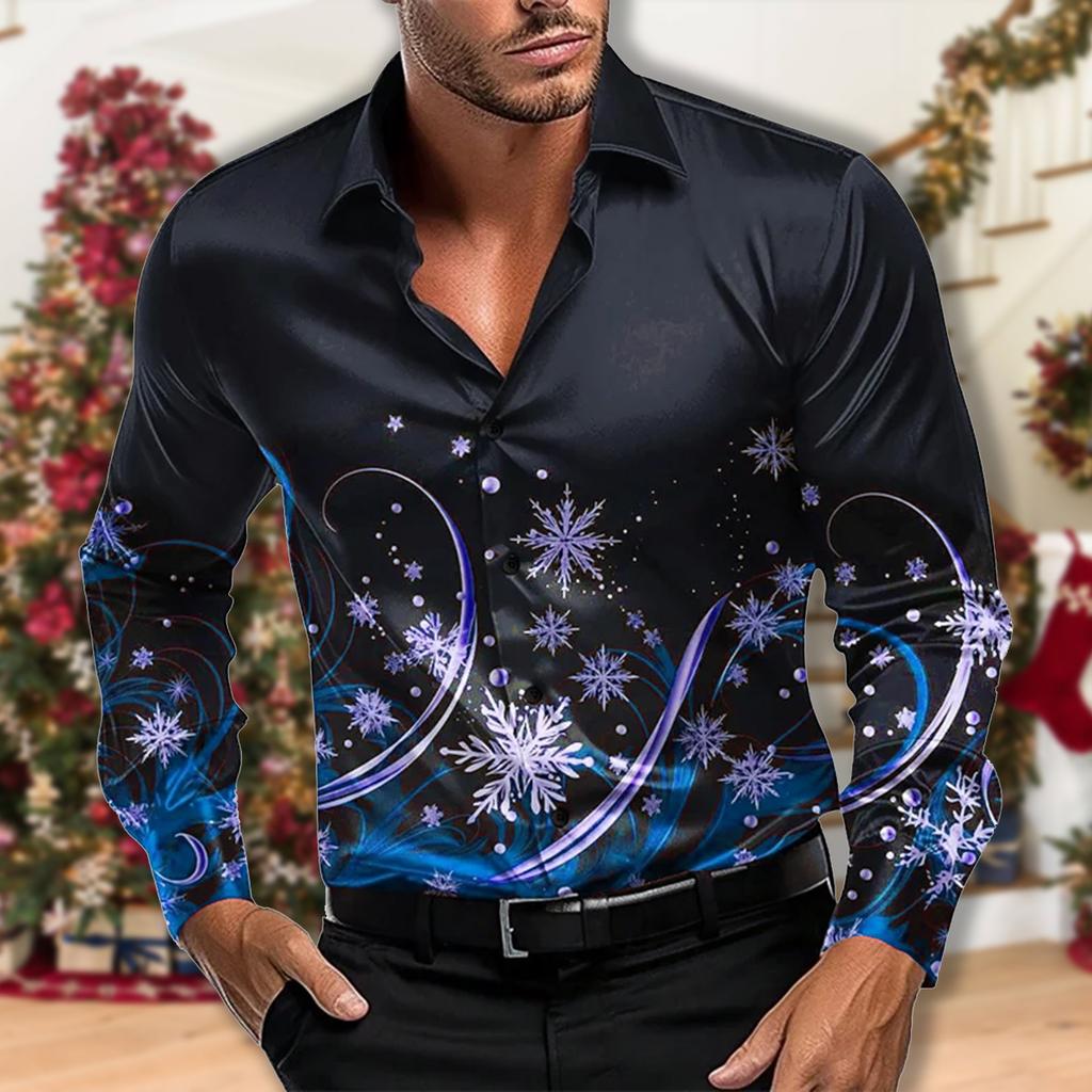 Christmas Men's Christmas Scene Printing Shirt Snow Snow Casual Fashion Lapel Button Long-sleeved Party Autumn Shirt