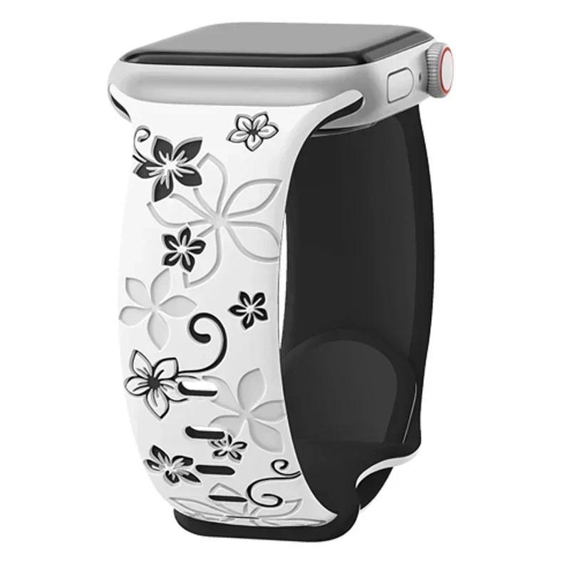 3D Floral Engraved Silicone Sport Strap Band For Apple Watch Ultra 2 49mm S10 11 42 46mm 44 45 41 38 40mm iWatch SE 9 8 7 6 5 3