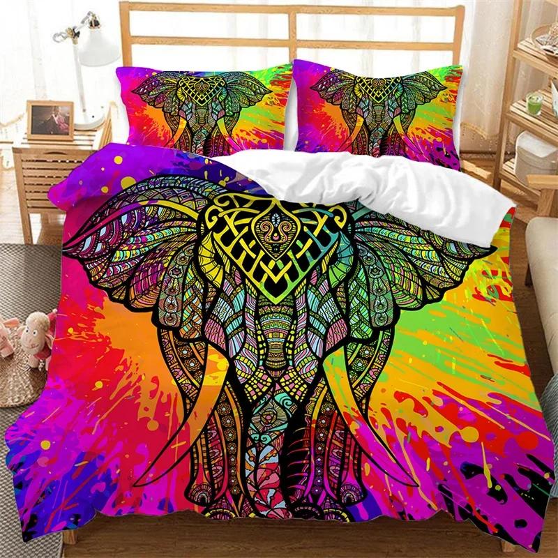Elephant Duvet Cover King Queen Size Wild Animal Comforter Cover Polyester Bohemian Mandala African Safari Animals Bedding Set