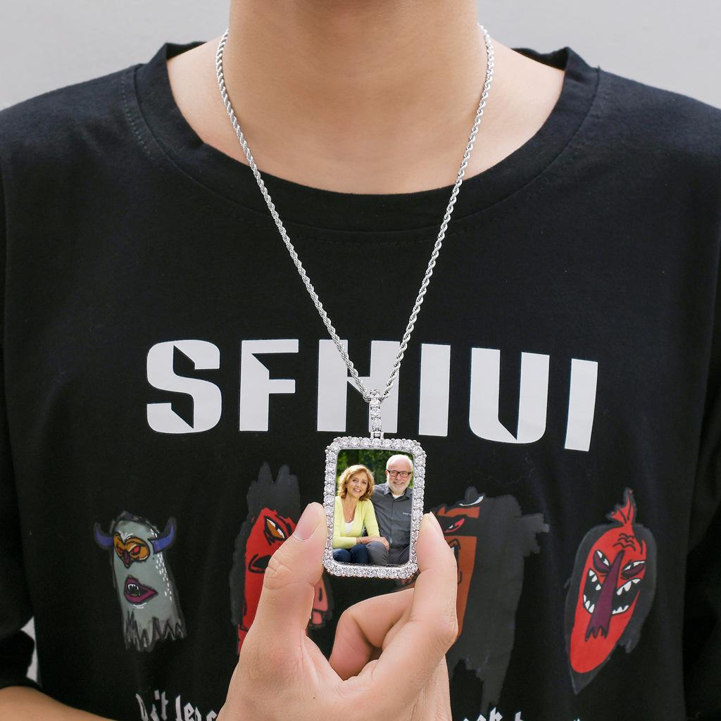 European & American Hip Hop Zircon-Embedded Square Photo Frame Necklace - Custom Image Trendy Street Style Pendant