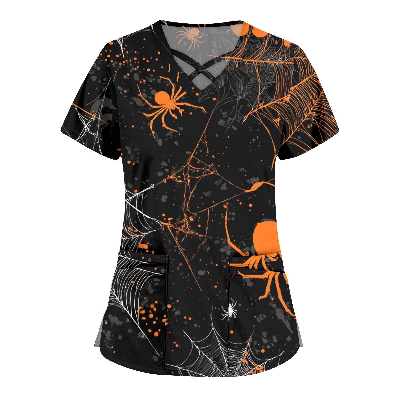 

Women s Fashion Cross V Neck Short Sleeve Overalls Double Pockets Halloween Printed Tops Uniforms XXXL чорний
