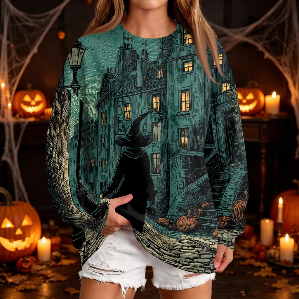 Women's Casual Round Neck Sweatshirt with Halloween Print, Long Sleeve Pullover for Festivals
