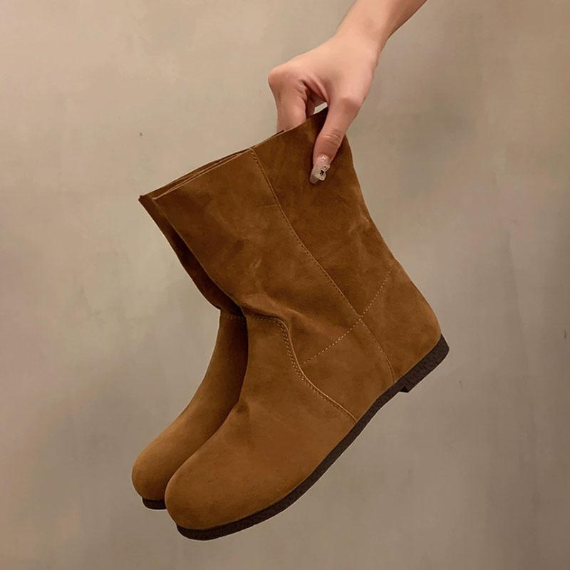 2026 New Fashion Autumn Women Mid-Calf Boots High Quality Cow Suede Leather Slip-On Flat Heel Casual Boots Ladies Handmade Retro