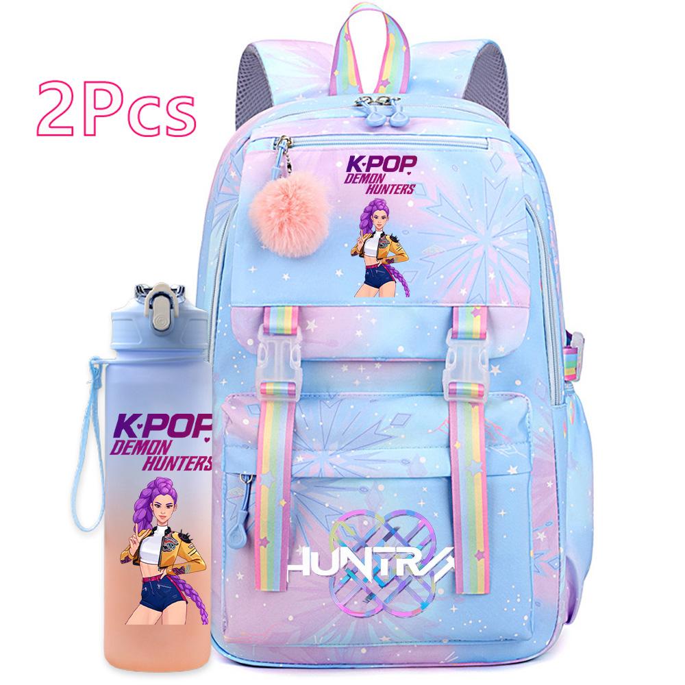 2 ks/sada Roztomilý Anime Kpop Potištěný Batoh s 750ml Lahví na Vodu Cestovní Taška s Velkou Kapacitou pro Dívku Teenagera Chlapce Školní Taška Dětský Dárek Mochila