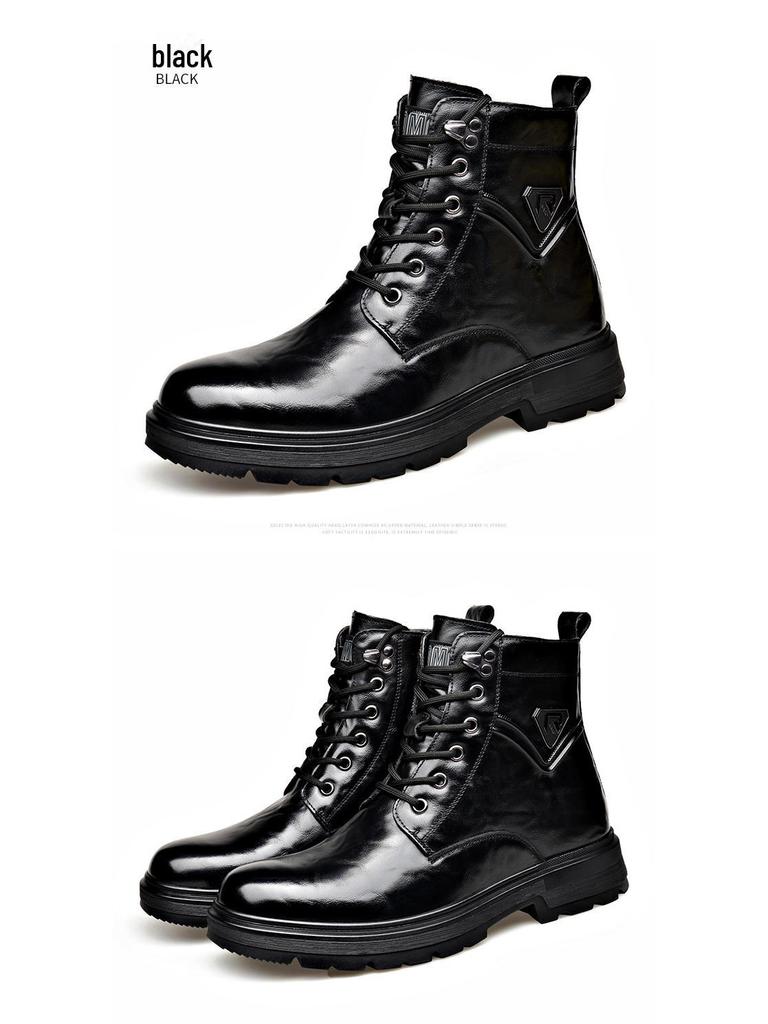 Men's Trendy Wool-Lined Cowhide High-Top Martin Boots with Side Zipper - Casual and Warm.