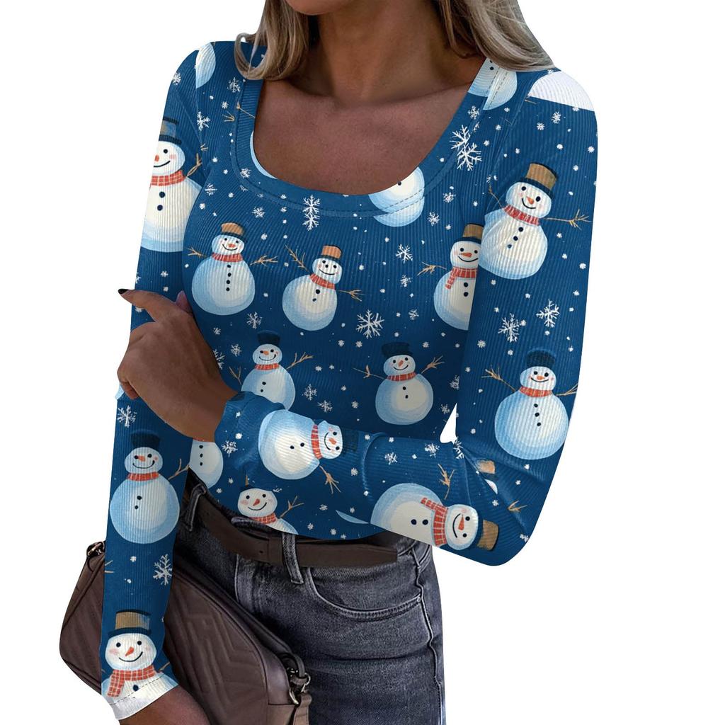 Damenmode Slim Bottom Casual Langarm Weihnachten bedruckt Pullover U-Ausschnitt Top