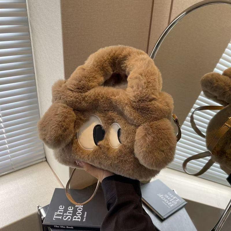 Big-Eyed Dog Plush Crossbody Bag: Faux Rex Rabbit Fur Childlike Tote, Fashionable Cartoon Handbag for All Seasons