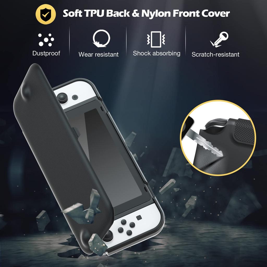 Procase Switch OLED 2021 Capa Flip com 2 Capas Finas de TPU Macio Capa Protetora à Prova de Choque Filmes Pretos, -