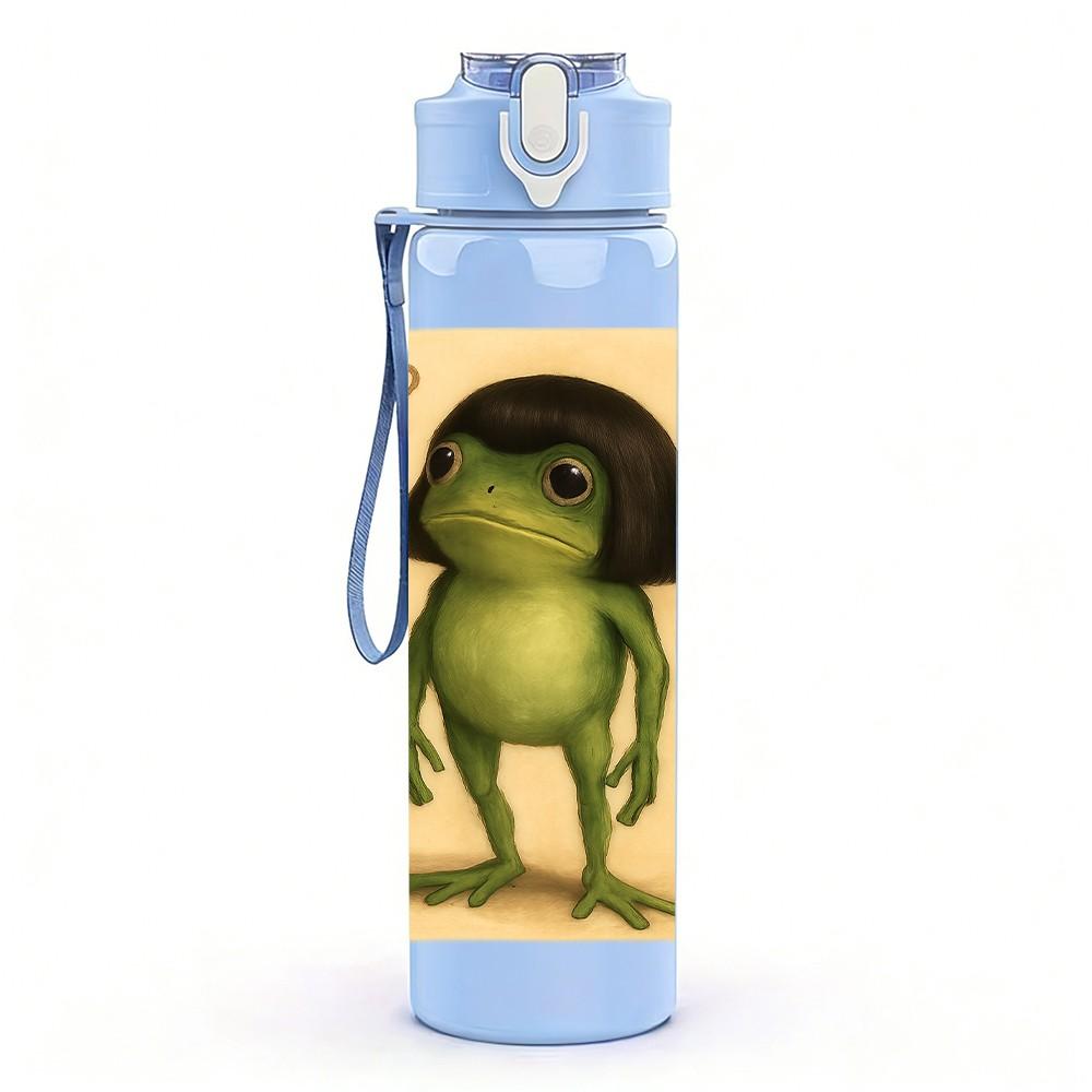 1PC Thinking Green Frog Cartoon 750ml Color Plastic Sports Water Bottle Leakproof Flip Straw Lid Suitable for Sports Office Home Use