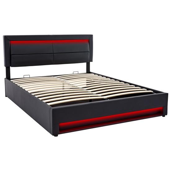 Double Bed Upholstered 140 x 190cm with USB Port (Supports Wireless And Wired Charging) Flat LED Lighting Storage Space without Mattress