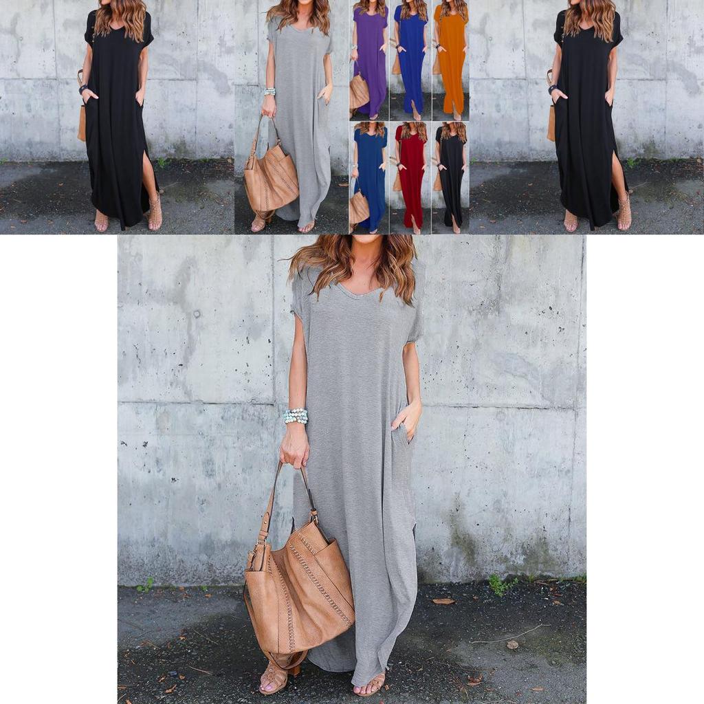 Premium Quality Women Summer Maxi T-shirt Dress With Short Sleeves And Pockets