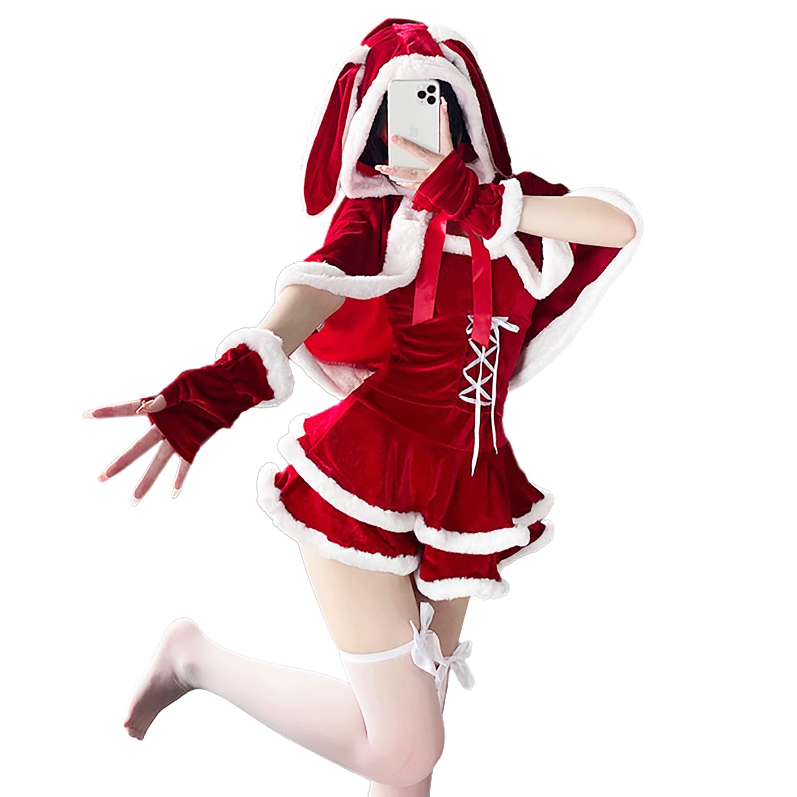 

Milky Time Women s Sexy Lace-Up Santa Costume with Bunny Ears and Cape for Christmas