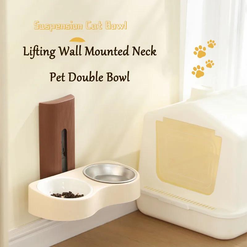 Wall-mounted Pet Double Bowl High Stainless Steel Ceramic Cat Water Dispenser Feeder Dog Bowl Adjustable Height Cat Food Basin