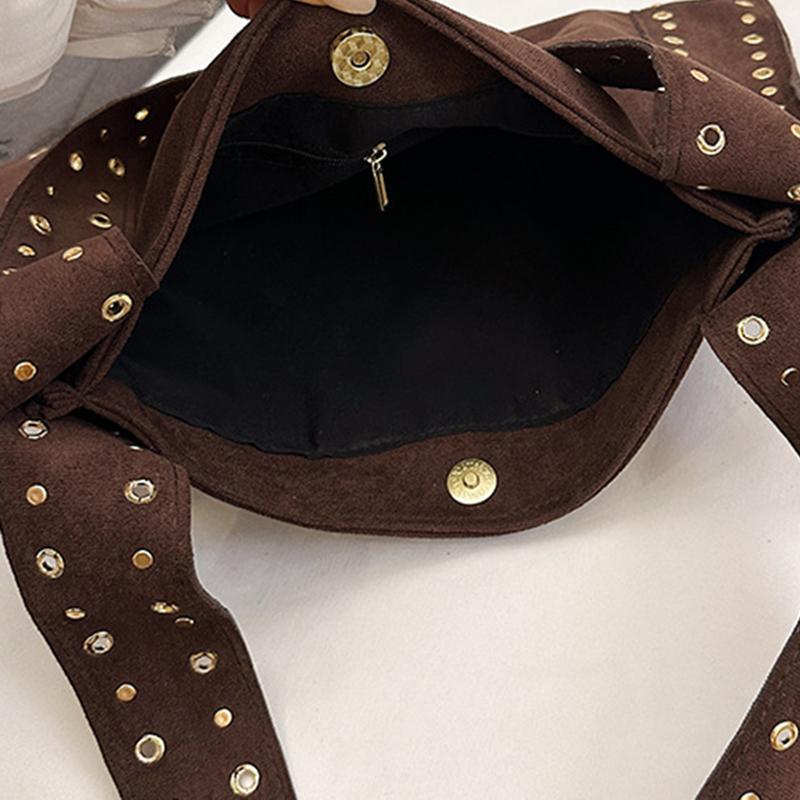 Retro Suede Rivet Shoulder Bags PU Leather Work Purses Large Tote Handbag Slouchy Locomotive for Women Travel Winter Fall