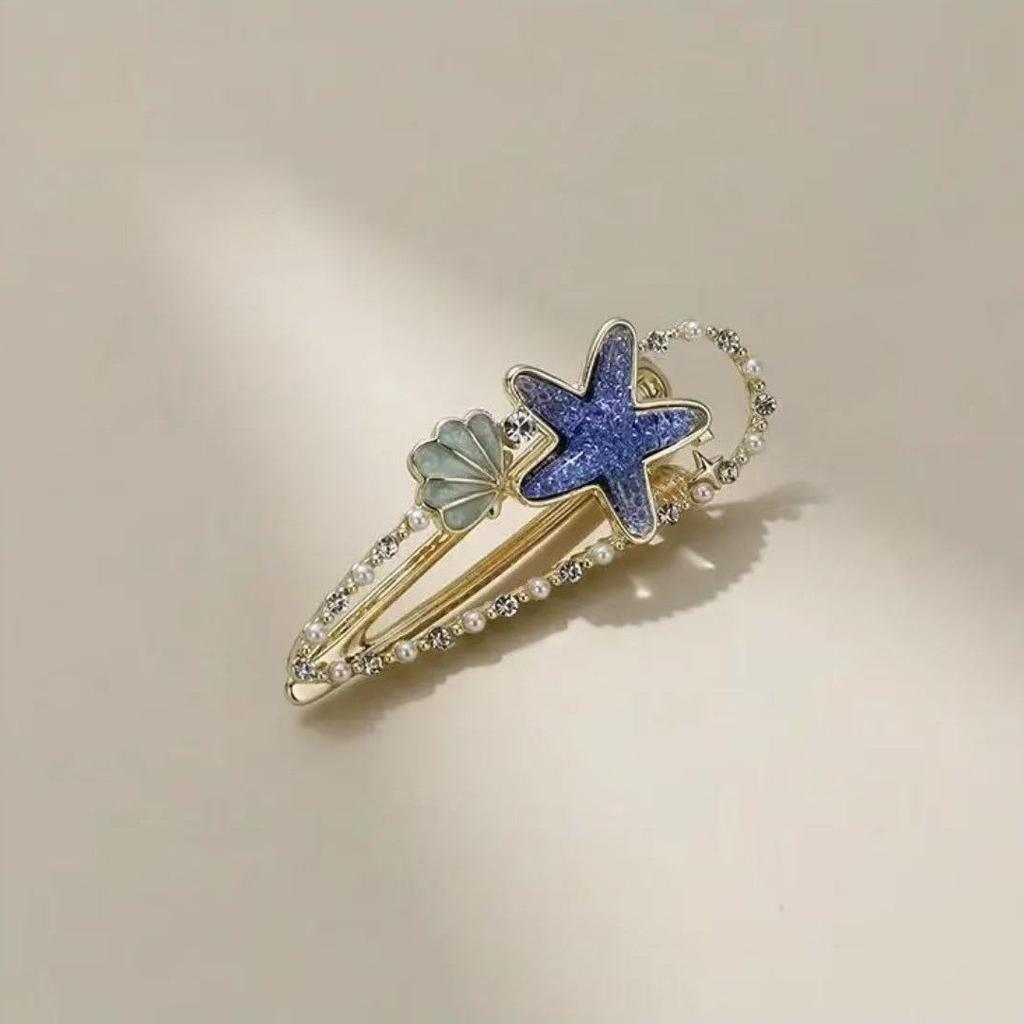1PC Cute Summer Starfish And Shell Hair Clip Pearl Rhinestone Beach Style Girl Hair Clip Duckbill Clip Casual Hair Accessories