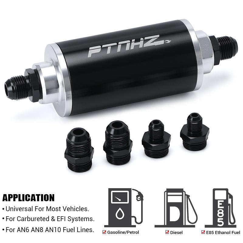 ID:58MM Universal Fuel Filter with Bracket with 2pcs AN6/AN8/AN10 Adaptor Fittings with 100micron Steel Element PQY5573+LS2511