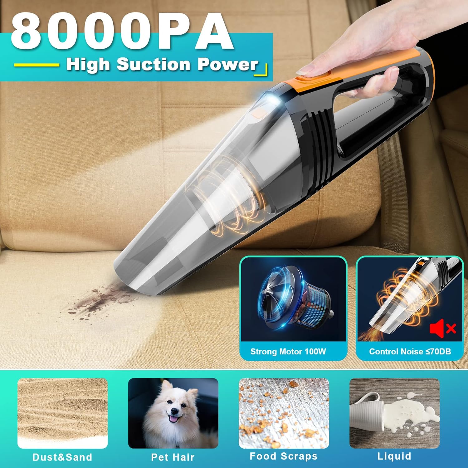 Car Vacuum, Portable Car Vacuum Cleaner High Power 8000Pa, Small 12V Handheld Vacuum with LED Light,16.4Ft Corded, Deep Detailing Cleaning Kit of Car