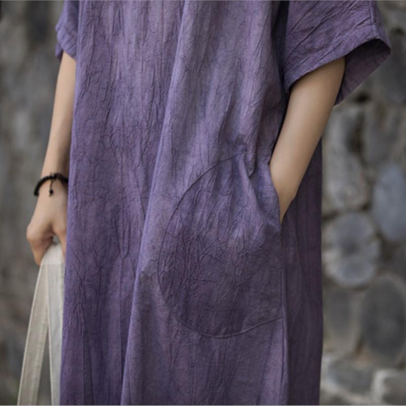 Johnature Women Vintage Dresses V-Neck Short Sleeve Summer Solid Color Loose Women A-Line Dresses