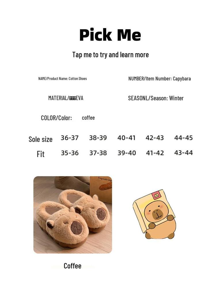 Capybara Winter Cotton Slippers: Cute Non-Slip Indoor Fur Shoes with Package Heel for Couples.