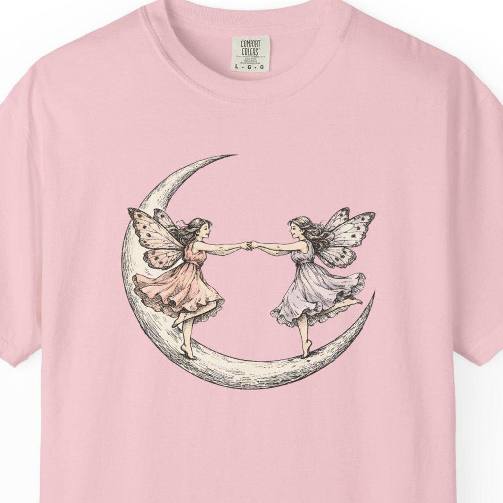 Moon Fairies Dancing on Crescent Moon T-shirt | Vintage Fairy Illustration