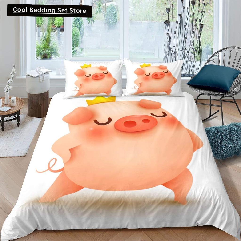 Cartoon Kawaii Pig King Queen Duvet Cover Happy Farm Animal Bedding Set Pink Piggy Quilt Cover 2/3pcs Polyester Comforter Cover