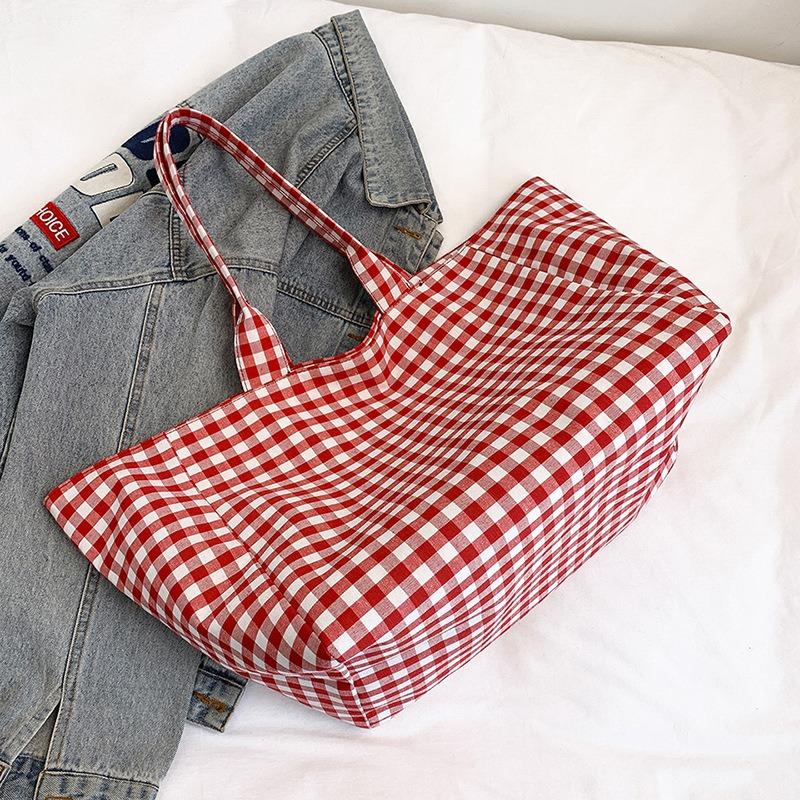 Slack large capacity plaid canvas bag women's new commuter shoulder bag college student class tote bag