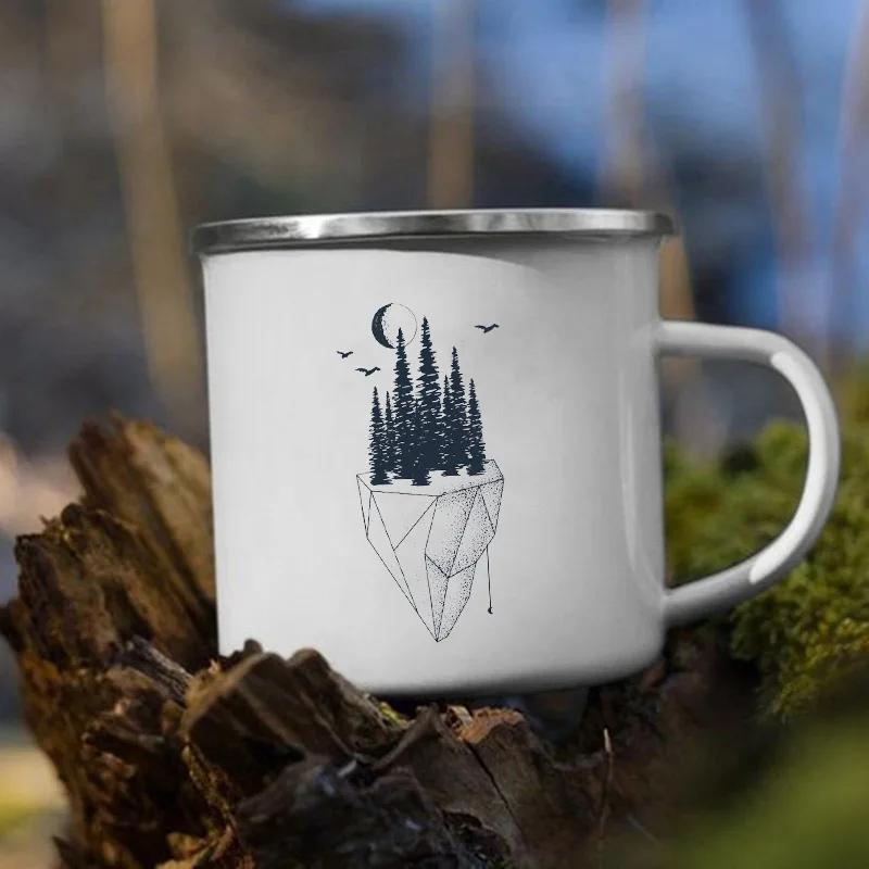 Stampa 'Le Montagne Aspettano' Tazza Smaltata Creativa Campeggio Caffè Tè Acqua Latte Tazze Manico Bicchiere Vacanza Escursionismo Regalo