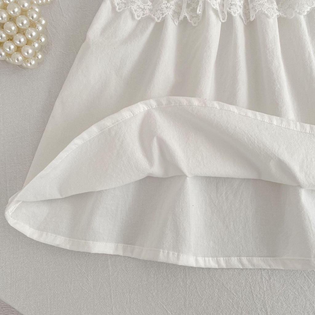 Girls' Korean Style White Flutter Sleeve Cotton Dress - Summer New Arrival Princess Dress