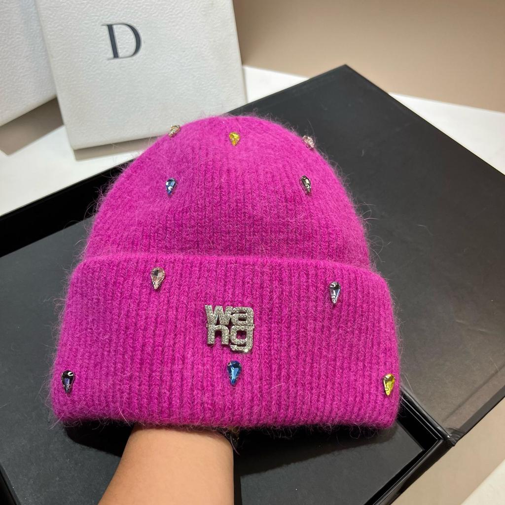 Paris Light Luxury Heavy Industry Rhinestone King Knitted Hat Winter Warm Rabbit Hair Cold Hat Outdoor Sweet Ear Hat