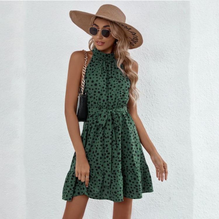 Dámské podzimní zimní mini šaty bez rukávů s ohlávkou, ležérní puntíkovaný potisk, vysoký pas, áčková linie, volánové okraje
