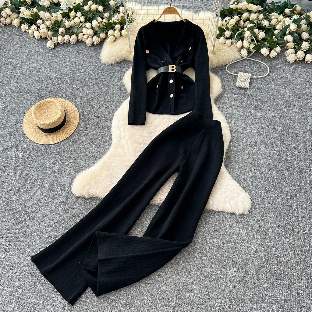 Herbst Winter Damen Vintage Designer Strickpullover Hose Zweiteiliges Set Blazerkragen Jacke Mantel und Weitbeinige Hose Trainingsanzug