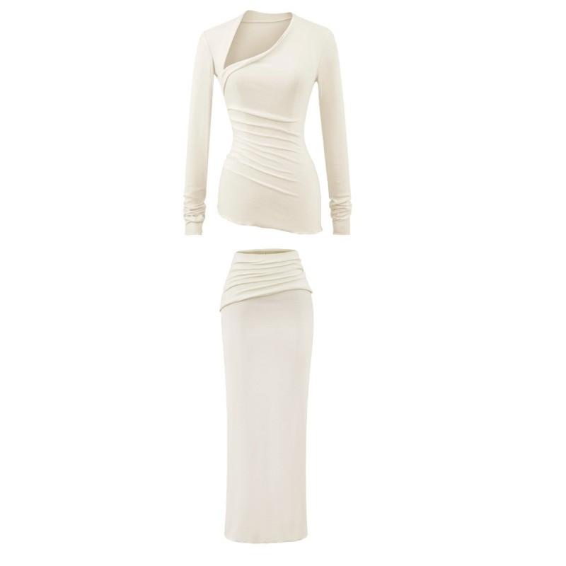 Pure Desire Style Sexy Slim Fit 2-Piece Set Long Sleeve T-Shirt Flare Pants / Midi Skirt Women