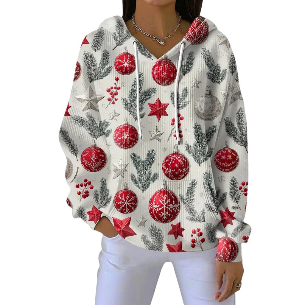 Women's Loose Comfortable Casual Fashion V-Neck Christmas Print Long Sleeve Hoodie