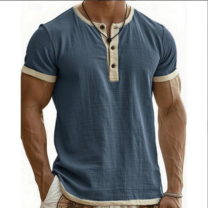Men Summer New Vintage Contrast Color Casual Henley Neck Short Sleeve T Shirt Polo