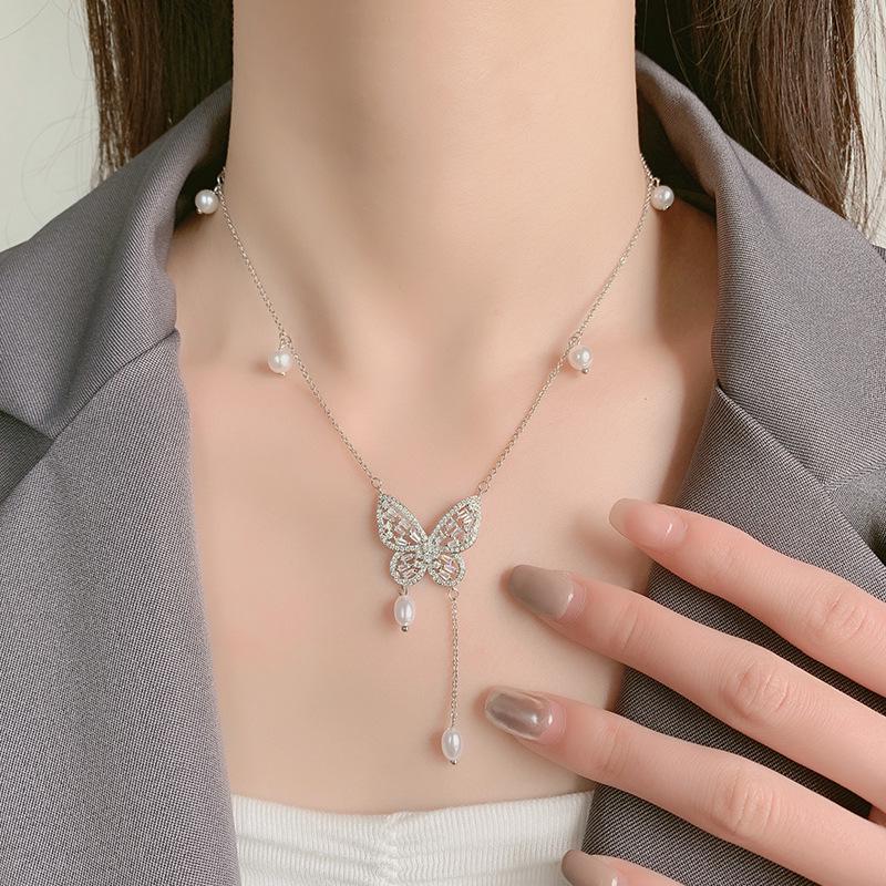 Elegant S925 Silver Butterfly Pearl Necklace with Tassel & Zircon Pendant for Women