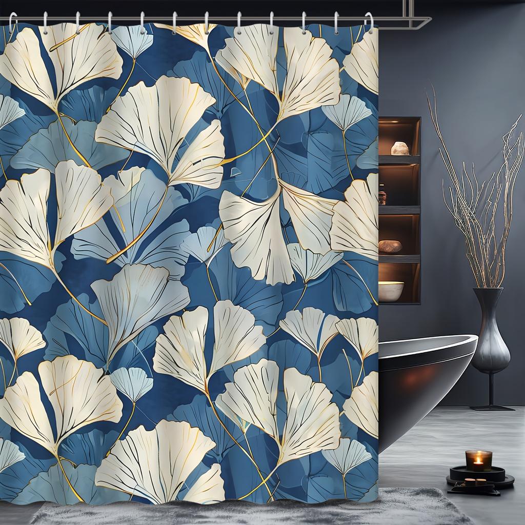 "Ginkgo Leaf Curtain - Water-Resistant, 12 Hooks, Machine Washable, All-Season, Plant Theme