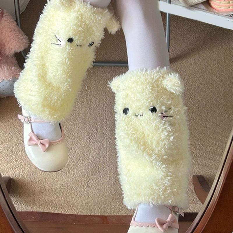 Japanese Cute Cats Ears Faux Furs Leg Warmers for Women Girls Warm Thermal Fuzzy Plush Foot Covers Long Calf Socks