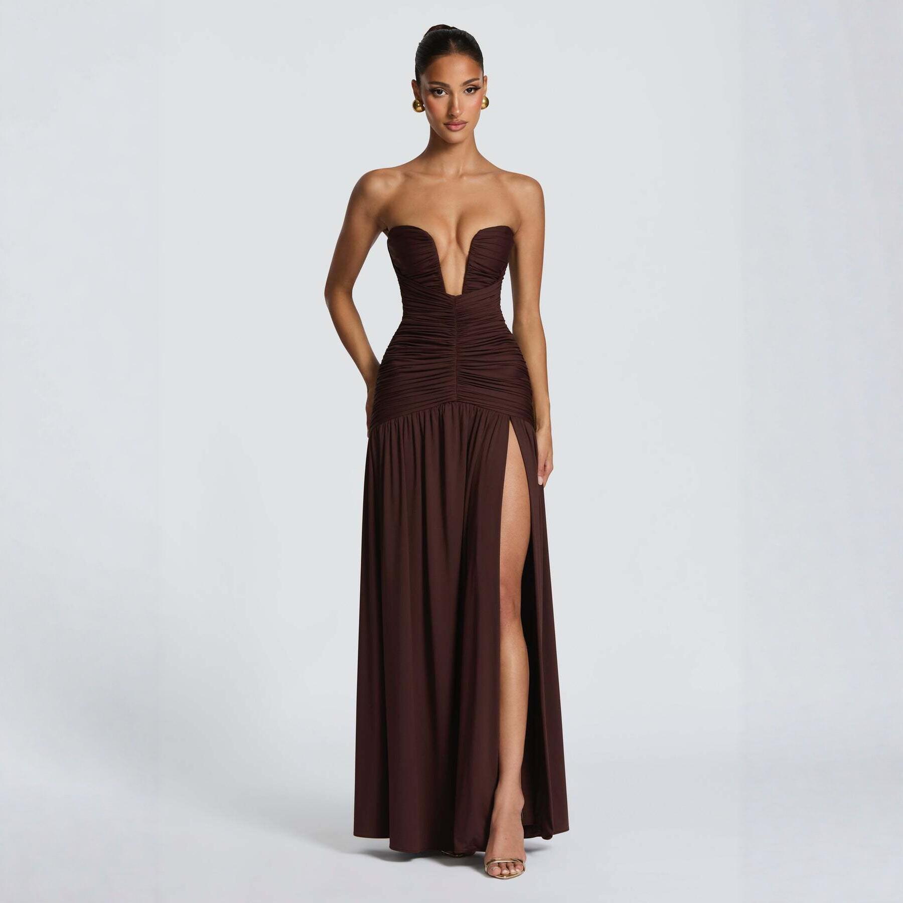 Elegant Strapless Ruffled High Slit Dress - Spring 2026 Collection Large кофейный