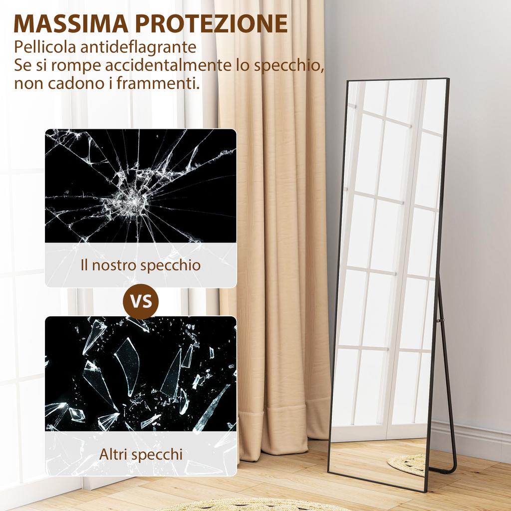 Full Length Mirror, Aluminium Alloy Framed Full Body Mirror with Tempered Glass, Standing or Wall Hanging, Black