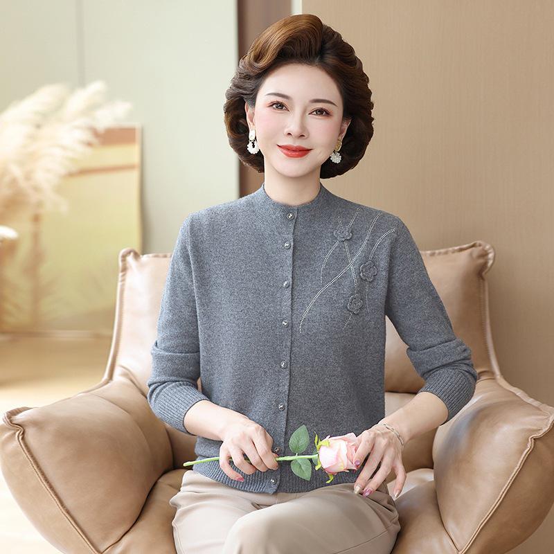 Autumn/Winter Embroidered Wool Cardigan with Stand-up Collar for Middle-aged & Elderly Women
