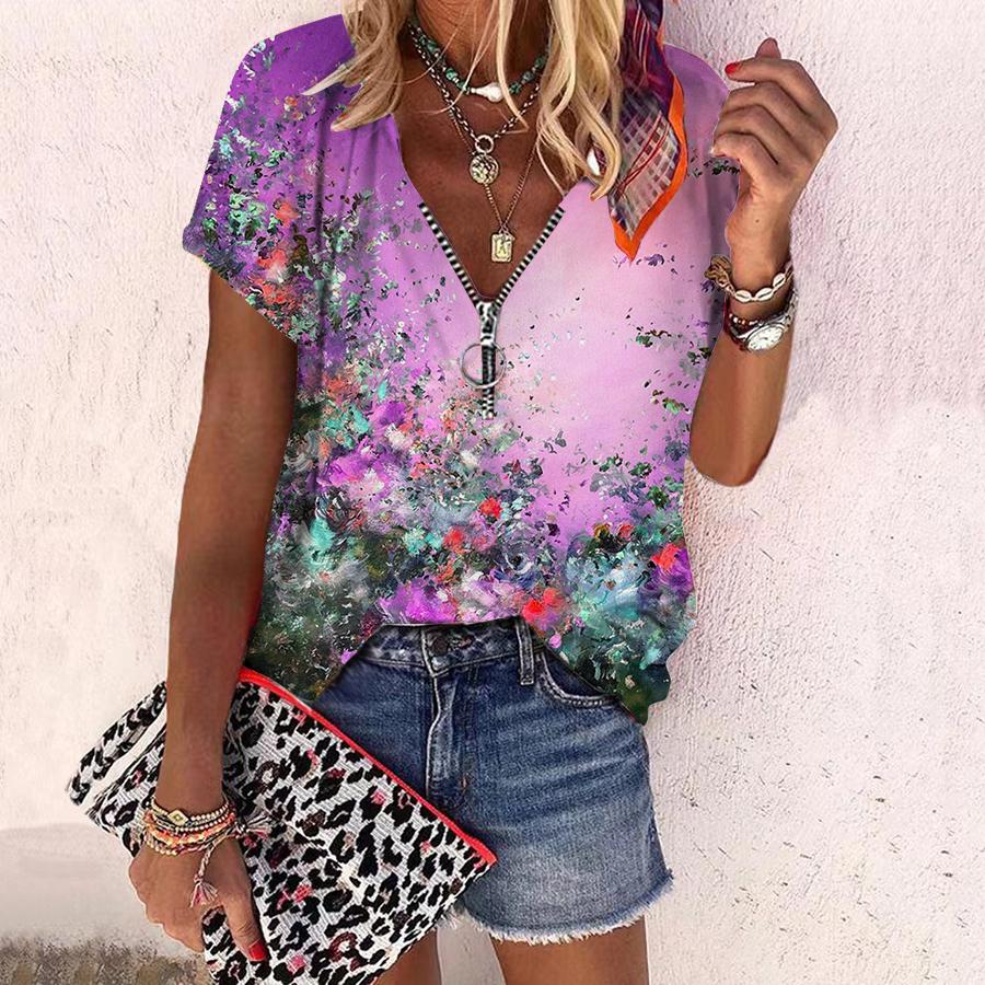 Women's Top Summer New Fashion Rose Flower Rendering Flowers Printed Casual Zipper V-neck Short Sleeve Top