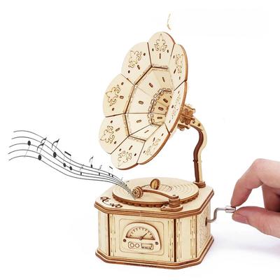 3D dřevěná hrací skříňka sady puzzle modely pro děti Ručně vyráběná stavebnice hračka pro svépomocné sestavení mechanismu gramofonu Dárek k sestavení