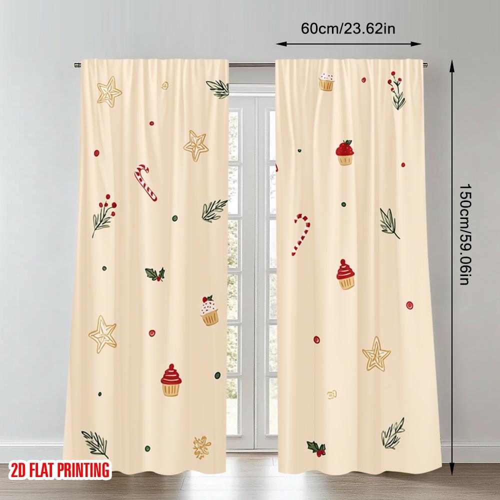 2 Stück 2D Flachdruck Weihnachtsfeier Vorhänge Weihnachtssterne Zuckerstangen Stechpalme Digital bedruckte Polyestervorhänge Party &