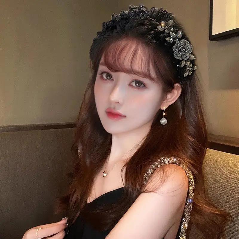 Female Casual Hairpin New Headwear 2025 Korean Style Women Black Lace Rhinestone Flower Hairband Headband Wide Edge Hair Clip