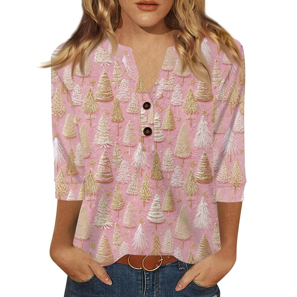 Women's T Shirt Christmas Print Button 3/4 Sleeve Daily Weekend Fashion Basic V- Neck Regular Top