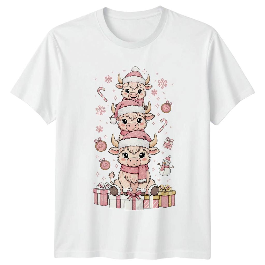 Stacked Highland Cows Christmas Holidays Unisexs Unisexs Graphic Tee Winter Festive