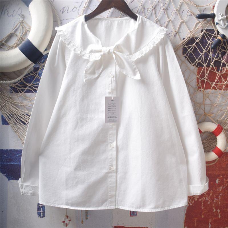 

Japanese Style Soft Girl College Style Fresh Rabbit Ears Bow Tie Doll Collar Loose Cotton Long Sleeves White Shirt Top Women White One size