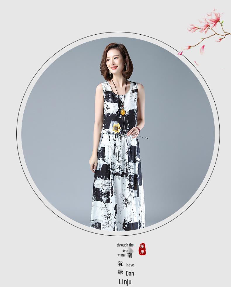 Damen 2025 Sommer Baumwoll-Leinen Tusche-Print Schal Zweiteiler Kleid-Set