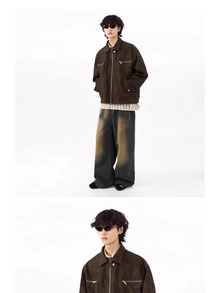 Men's Vintage Washed PU Leather Motorcycle Jacket - Loose Fit, High-End Vibe, Spring/Autumn