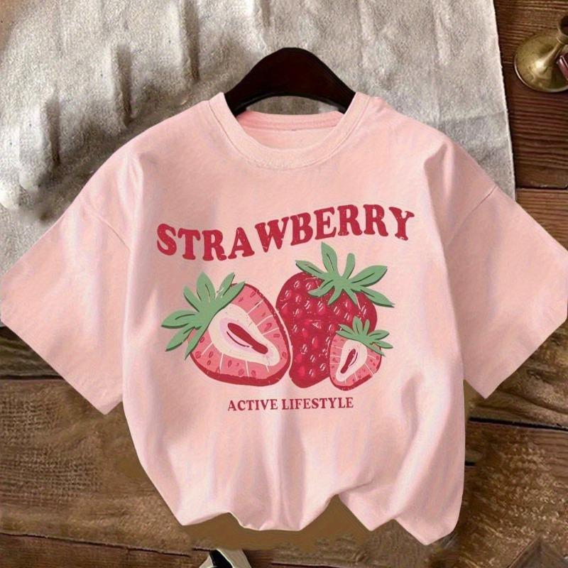 Girls Crewneck Short Sleeve T-Shirt, Strawberry Letter Print Casual Top 110